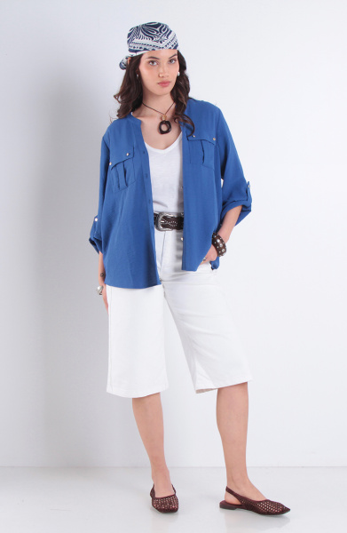 Blusa Manga Larga Abotonada En Delantero Con Bolsillos Escote V