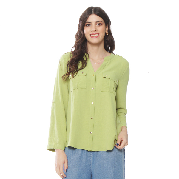 BLUSA MANGA LARGA SOLIDA CON CUELLO MAO Y BOLSILLOS