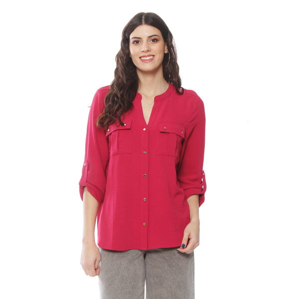 BLUSA MANGA LARGA SOLIDA CON CUELLO MAO Y BOLSILLOS