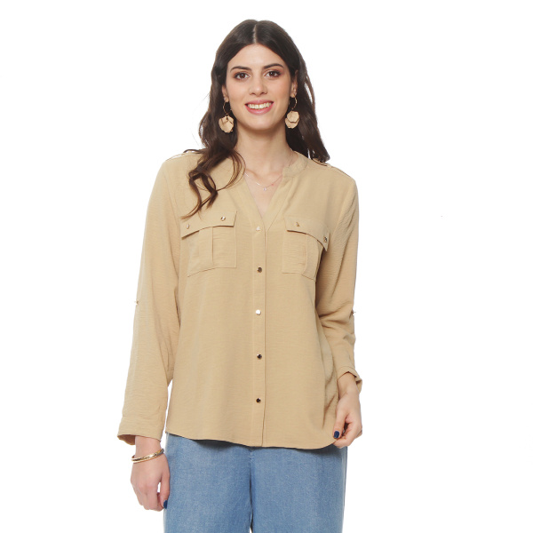 BLUSA MANGA LARGA SOLIDA CON CUELLO MAO Y BOLSILLOS