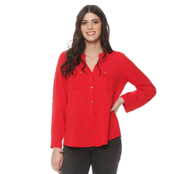 BLUSA MANGA LARGA SOLIDA CON CUELLO MAO Y BOLSILLOS