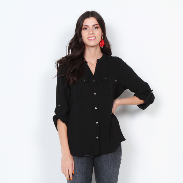 BLUSA MANGA LARGA SOLIDA CON CUELLO MAO Y BOLSILLOS