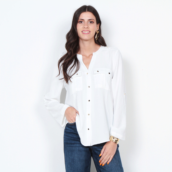 BLUSA MANGA LARGA SOLIDA CON CUELLO MAO Y BOLSILLOS