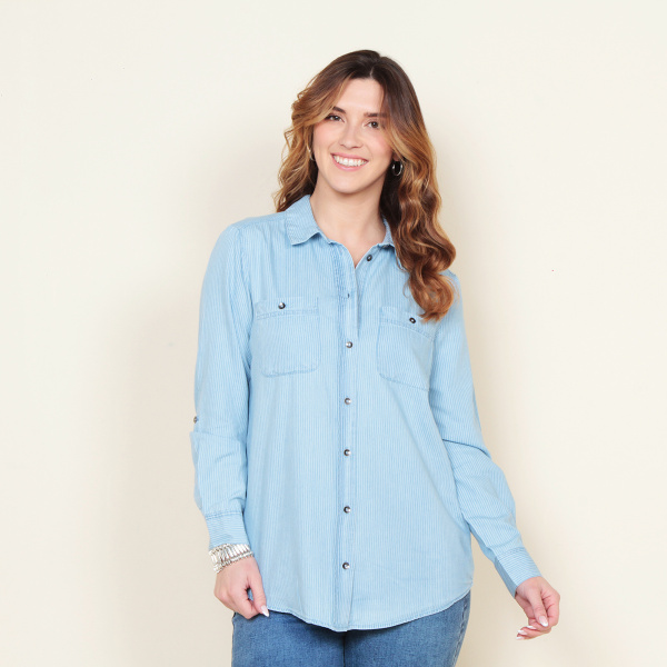 BLUSA MANGA LARGA LYOCELL LISTADA ABOTONADA EN DELANTERO Y BOLSILLO