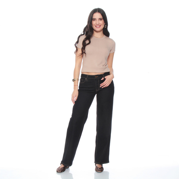 JEANS WIDE LEG CUFFED TIRO ALTO PRETINA BASICA 1 BOTON