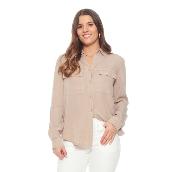 BLUSA MANGA LARGA AJUSTABLE LYOCELL CUELLO CAMISERO CON BOLSILLOS