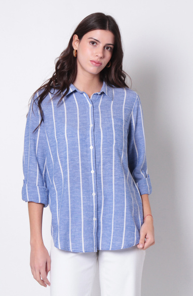 BLUSA MANGA LARGA LISTADA ABOTONADA EN DELANTERO CON BOLSILLO