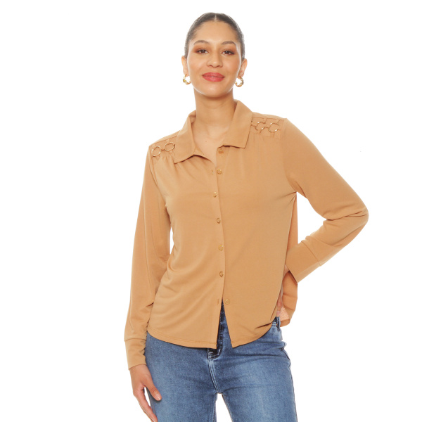 BLUSA MANGA LARGA ABOTONADA EN DELANTERO CON APLICACION EN HOMBROS