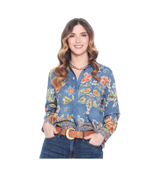 BLUSA MANGA LARGA ESTAMAPADA ABOTONADA EN DELANTERO