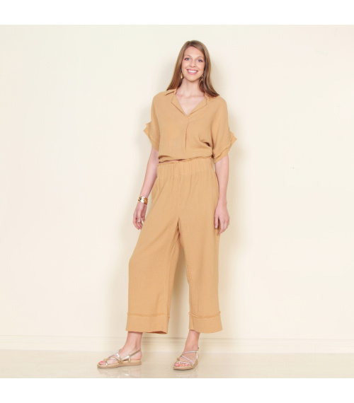 PANTALON WIDE LEG SOLIDO CON PRETINA ELASTICADA
