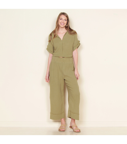 PANTALON WIDE LEG SOLIDO CON PRETINA ELASTICADA