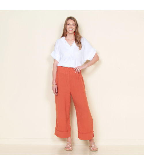PANTALON WIDE LEG SOLIDO CON PRETINA ELASTICADA