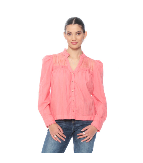 BLUSA MANGA LARGA BRODERY ABOTONADA EN DELANTERO Y APLICACION
