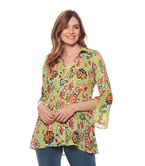 BLUSA PLISADA ESTAMPADA MANGA 3/4 CUELLO CAMISERO