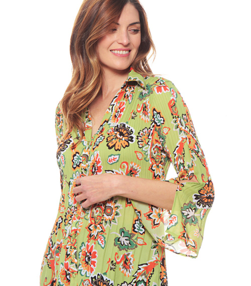 BLUSA PLISADA ESTAMPADA MANGA 3/4 CUELLO CAMISERO