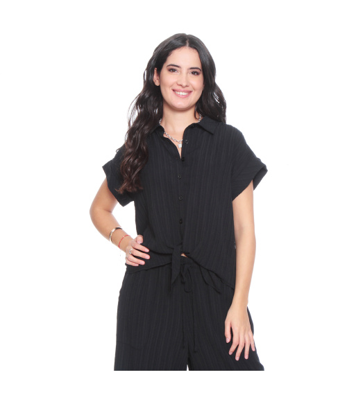 BLUSA MANGA CORTA SOLIDA ABOTONADA EN DELANTERO Y NUDO