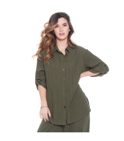 BLUSA MANGA LARGA SOLIDA ABOTONADA EN DELANTERO