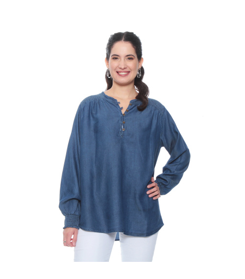 BLUSA MANGA LARGA TENCEL CUELLO MAO CON APLICACION EN HOMBROS