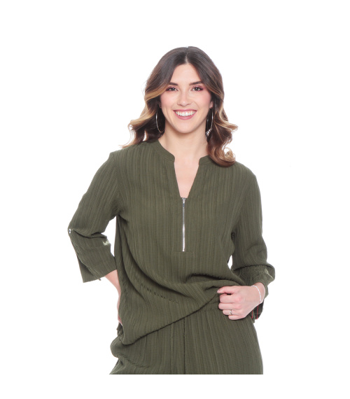 BLUSA MANGA LARGA SOLIDA CON CIERRE EN EL DELANTERO