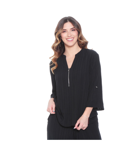 BLUSA MANGA LARGA SOLIDA CON CIERRE EN EL DELANTERO
