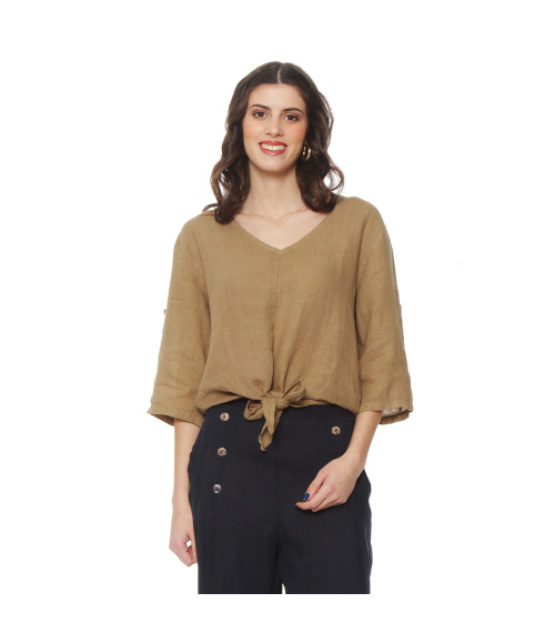 BLUSA MANGA 3/4 AJUSTABLE LINO SOLIDA ESCOTE V CINTURA AMARRADA