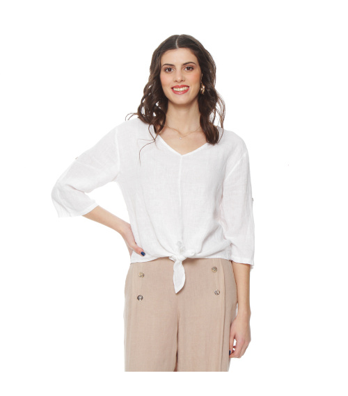 BLUSA MANGA 3/4 AJUSTABLE LINO SOLIDA ESCOTE V CINTURA AMARRADA