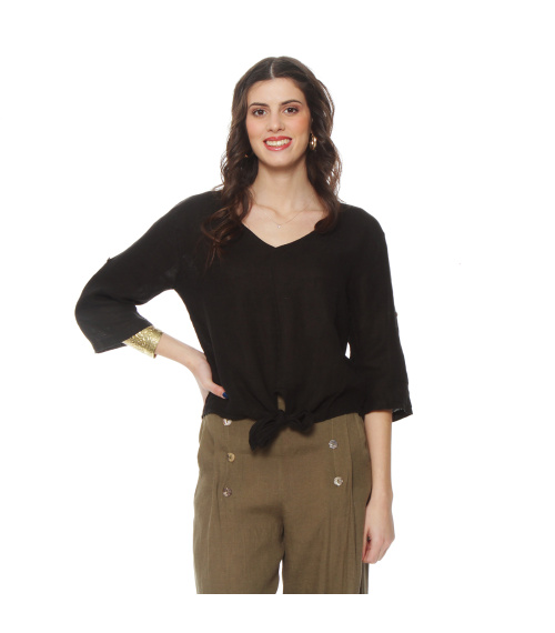 BLUSA MANGA 3/4 AJUSTABLE LINO SOLIDA ESCOTE V CINTURA AMARRADA
