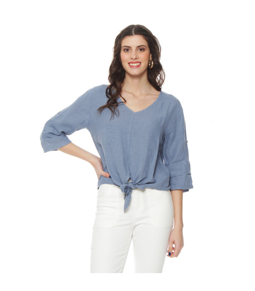 BLUSA MANGA 3/4 AJUSTABLE LINO SOLIDA ESCOTE V CINTURA AMARRADA