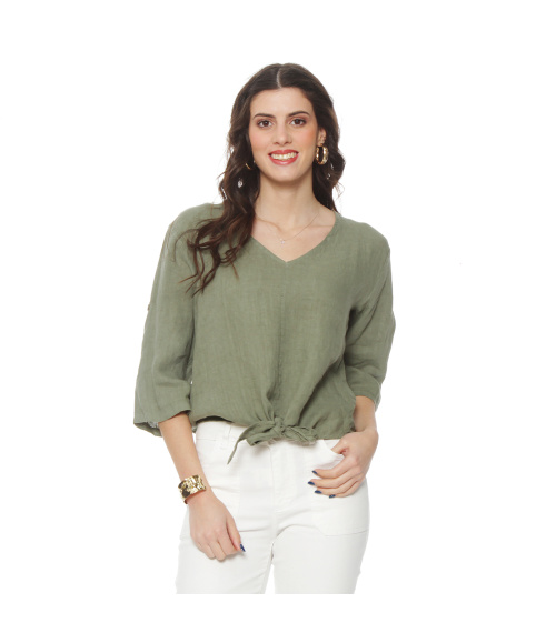 BLUSA MANGA 3/4 AJUSTABLE LINO SOLIDA ESCOTE V CINTURA AMARRADA