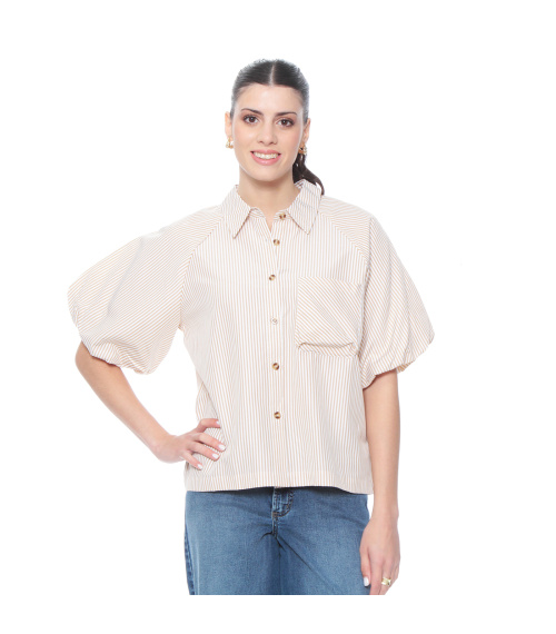 BLUSA MANGA CORTA LISTADA ABOTONADA EN DELANTERO Y BOLSILLO