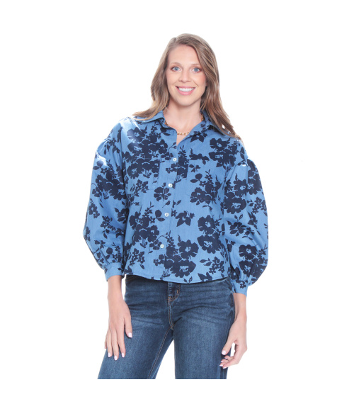 BLUSA MANGA LARGA DENIM ESTAMPADO ABOTONADA EN DELANTERO