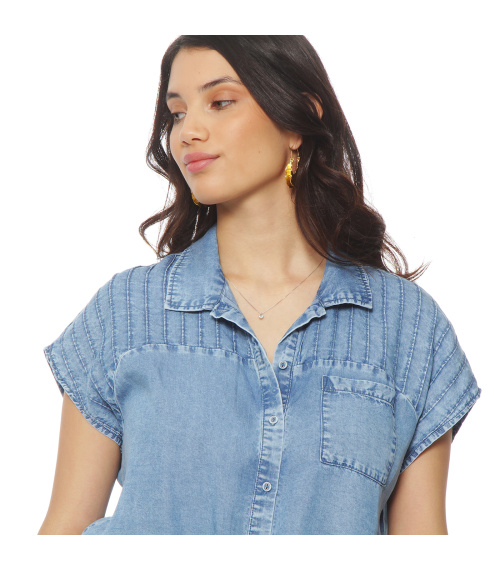 BLUSA LYOCELL MANGA CORTA ABOTONADA EN DELANTERO CON BOLSILLO