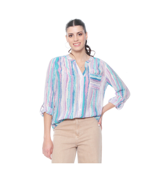 BLUSA LISTADA MANGA LARGA  CINTURA ANUDADA CUELLO MAO