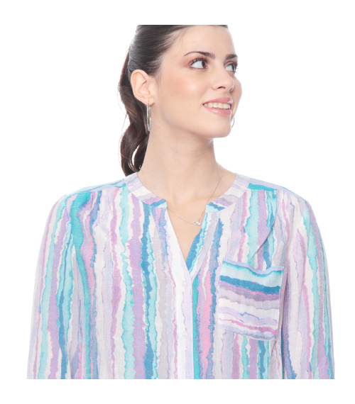 BLUSA LISTADA MANGA LARGA  CINTURA ANUDADA CUELLO MAO
