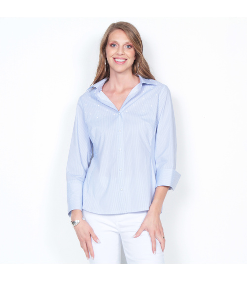 BLUSA MANGA3/4 LISTADA ABOTONADA EN DELANTERO Y APLICACION DE PERLAS
