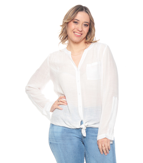 BLUSA ANUDADA CON UN BOLSILLO MANGA LARGA AJUSTABLE BOTONES DELANTERO