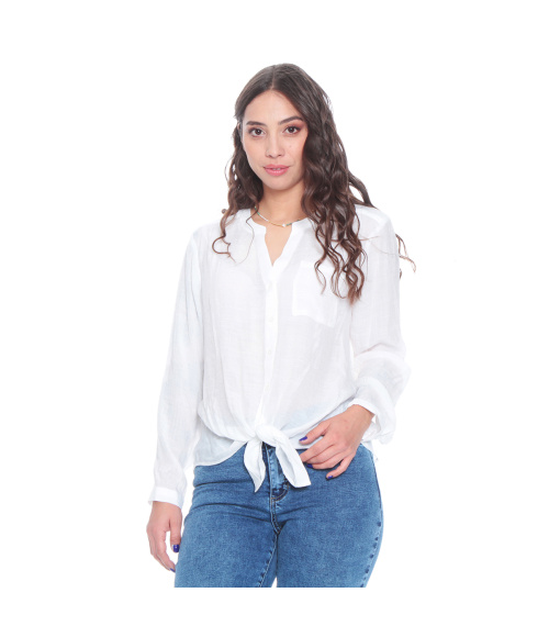 BLUSA ANUDADA CON UN BOLSILLO MANGA LARGA AJUSTABLE BOTONES DELANTERO