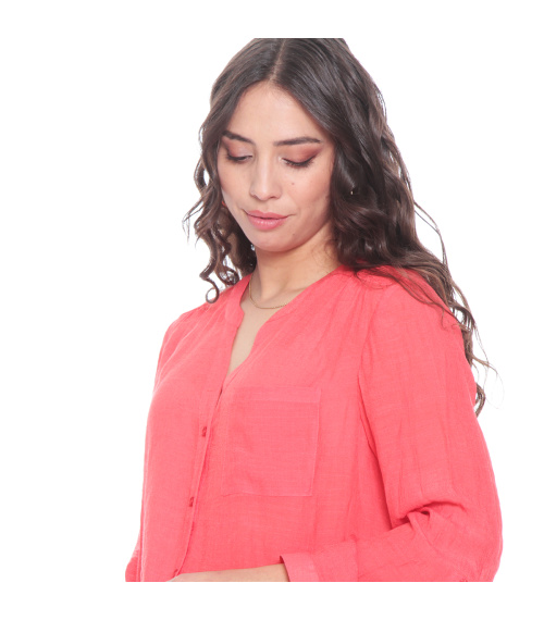 BLUSA ANUDADA CON UN BOLSILLO MANGA LARGA AJUSTABLE BOTONES DELANTERO