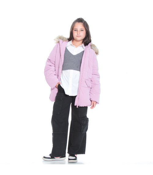 PARKA NINA MANGA LARGA CON CAPUCHA Y BOLSILLOS