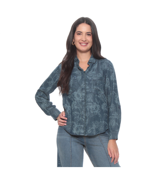 BLUSA MANGA LARGA DENIM ESTAMPADO ABOTONADA EN DELANTERO
