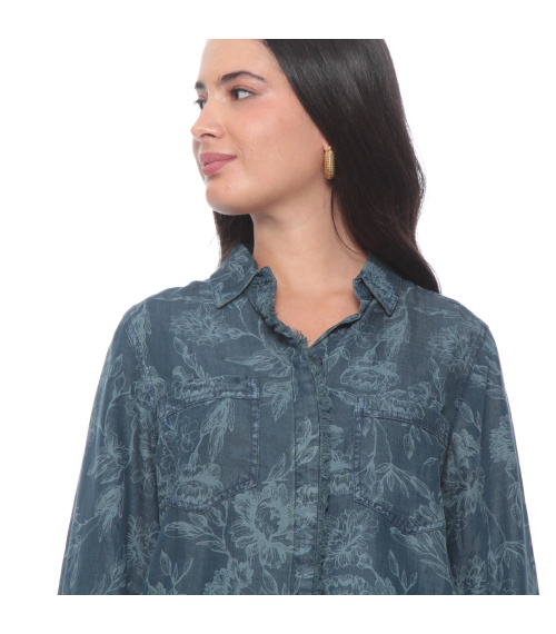 BLUSA MANGA LARGA DENIM ESTAMPADO ABOTONADA EN DELANTERO