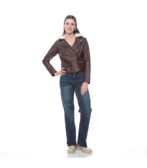 CHAQUETA MANGA LARGA CUERO ECOLOGICO CON CUELLO DE SHERPA