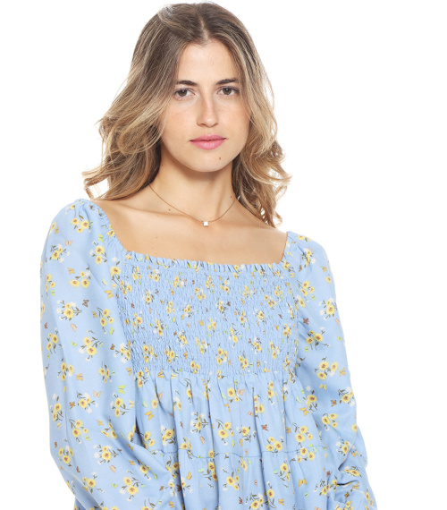 BLUSA MANGA LARGA ESTAMPADA ESCOTE REDONDO CINTURA SUELTA