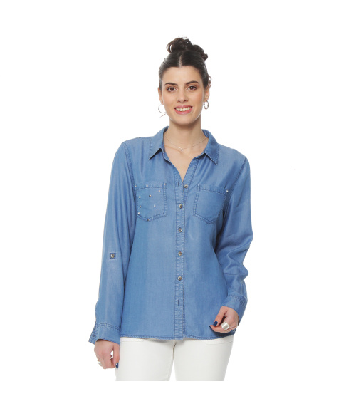 BLUSA DENIM CUELLO CAMISERO APLICACION TACHAS Y PERLAS