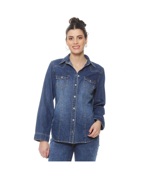 BLUSA MANGA LARGA DENIM CON BOLSILLO Y TAPAETA ABROCHADA EN EL FRENTE