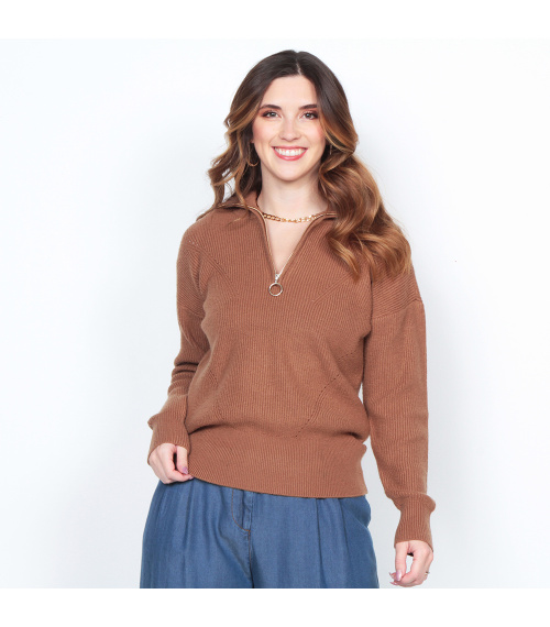 SWEATER MANGA LARGA SOLIDO CON CUELLO ALTO Y CIERRE EN DELANTERO