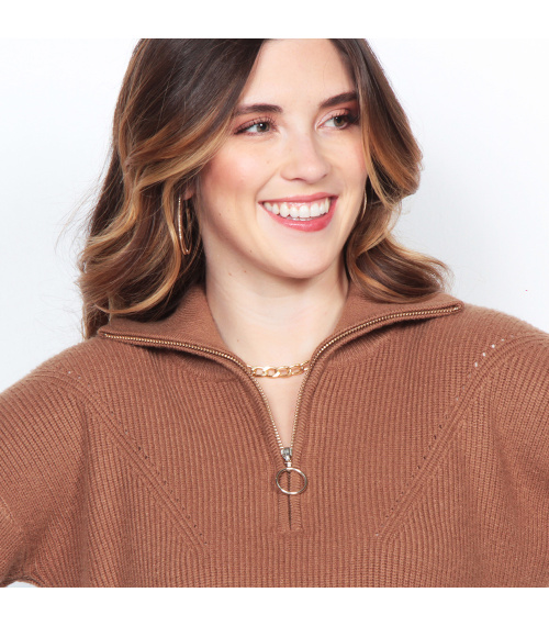 SWEATER MANGA LARGA SOLIDO CON CUELLO ALTO Y CIERRE EN DELANTERO