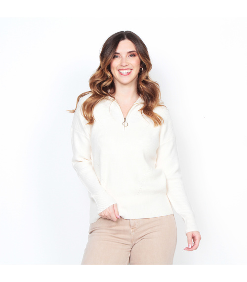 SWEATER MANGA LARGA SOLIDO CON CUELLO ALTO Y CIERRE EN DELANTERO