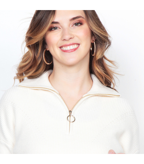 SWEATER MANGA LARGA SOLIDO CON CUELLO ALTO Y CIERRE EN DELANTERO