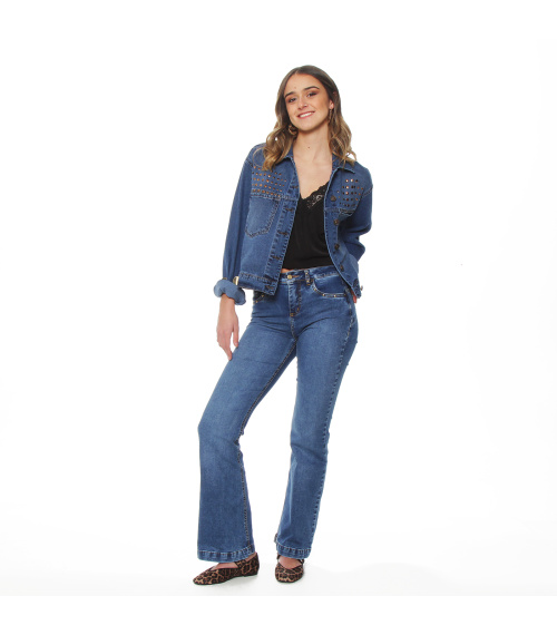 CHAQUETA DENIM OVERSIZE CUELLO CAMISERO APLICACION STRASS